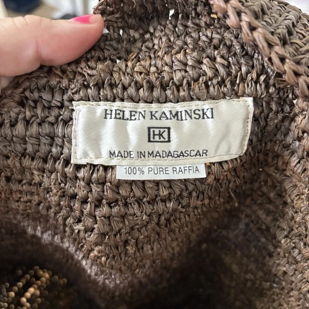 Vtg Helen Kaminski Woven Crocheted Raffia Bucket Tote Shoulder Bag Brown Large